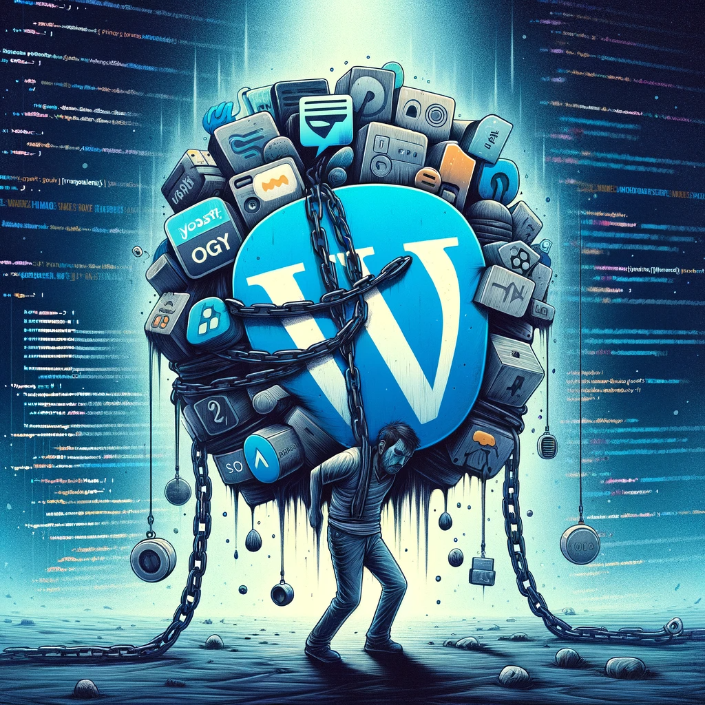 DALL·E 2024 01 16 13.14.18 A more somber depiction of 'plugin pandemonium' to illustrate the theme of plugins slowing down a WordPress site. The central figure is a weary WordPr