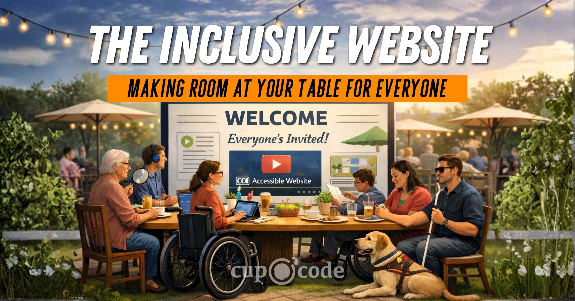 Picture of a table with various people at the table with adaptive needs, a blind man with a seeing eye dog, a woman in a wheelchair, an older person with a magnifying glass, etc. and a big computer screen before them with a website that says welcome.